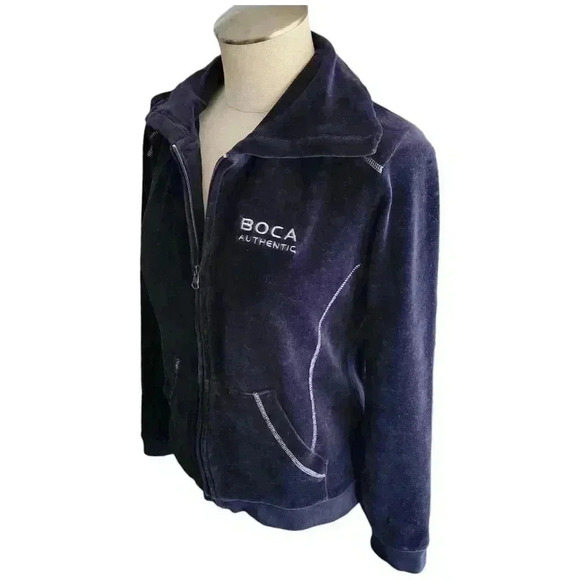 Vintage Y2K Boca Velour Zip-Up Sweatshirt L Navy - Picture 2 of 12